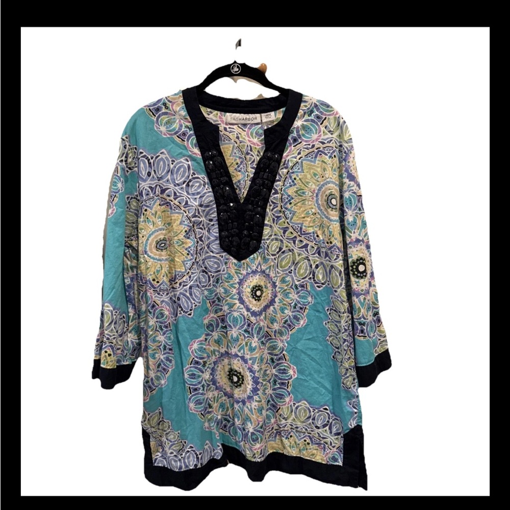 SAG HARBOR Blue and Yellow Tunic with Embellished V-Neck Size Large‎